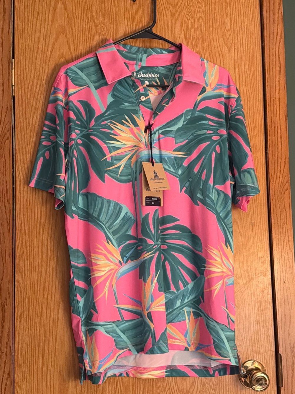 chubbies Pink Polo with Green Tropical Leaf Print